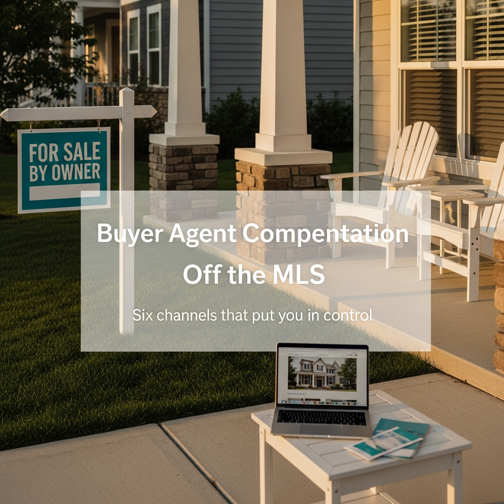 For sale by owner yard sign with compensation details next to a laptop showing a property listing