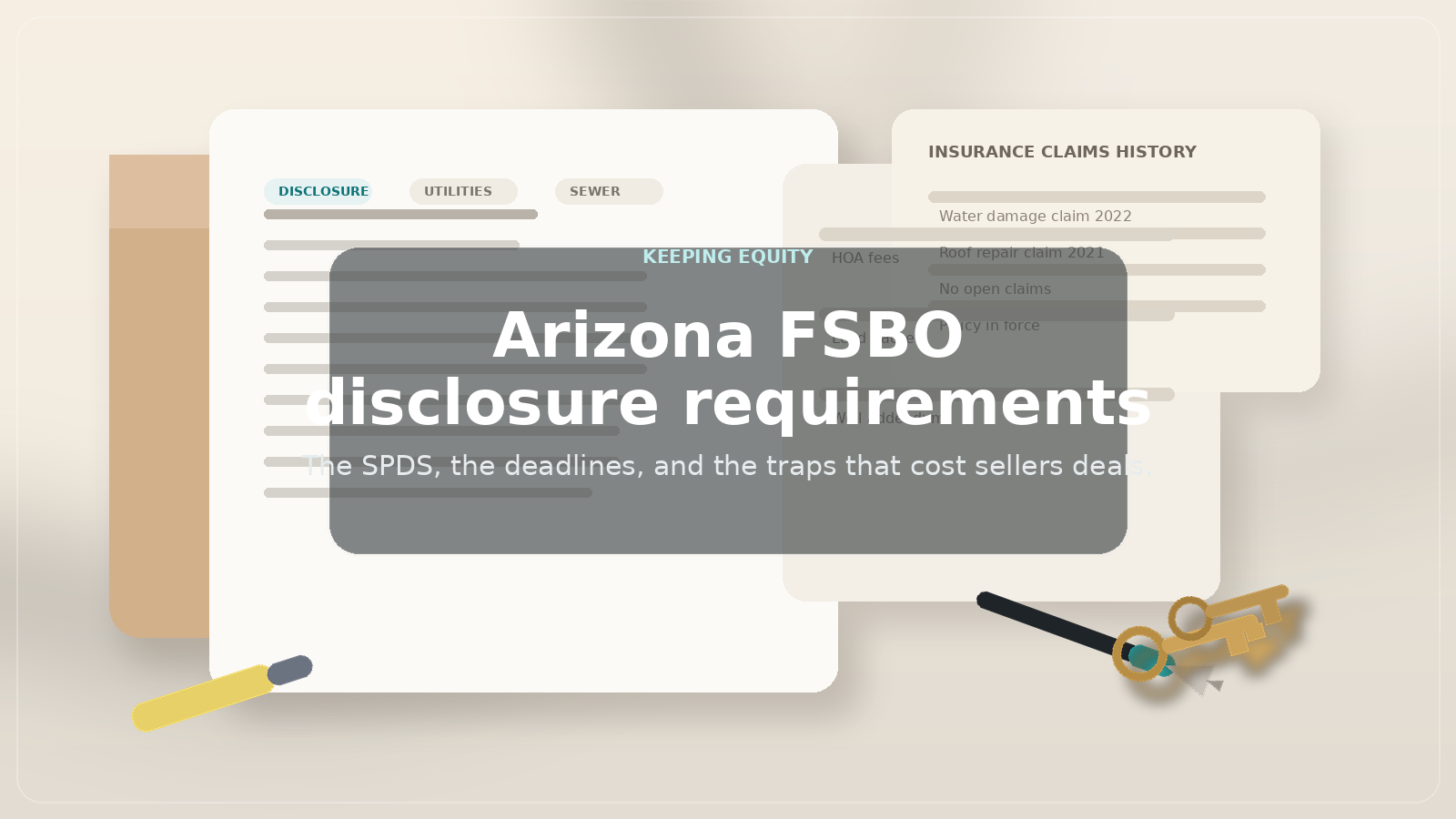 Arizona seller disclosure statement, insurance paperwork, and house keys on a sunlit table