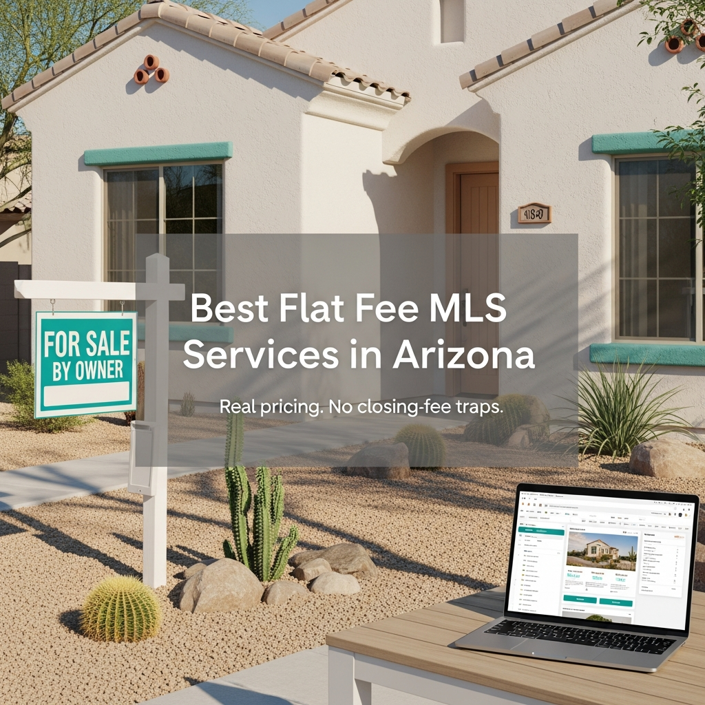 Arizona stucco home with a for sale sign and laptop showing a flat fee MLS listing