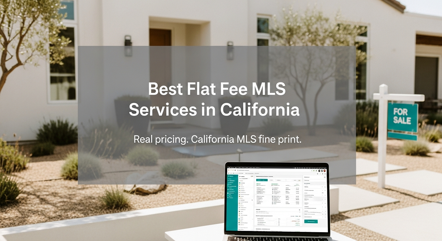California home with a for sale sign and laptop showing a flat fee MLS listing