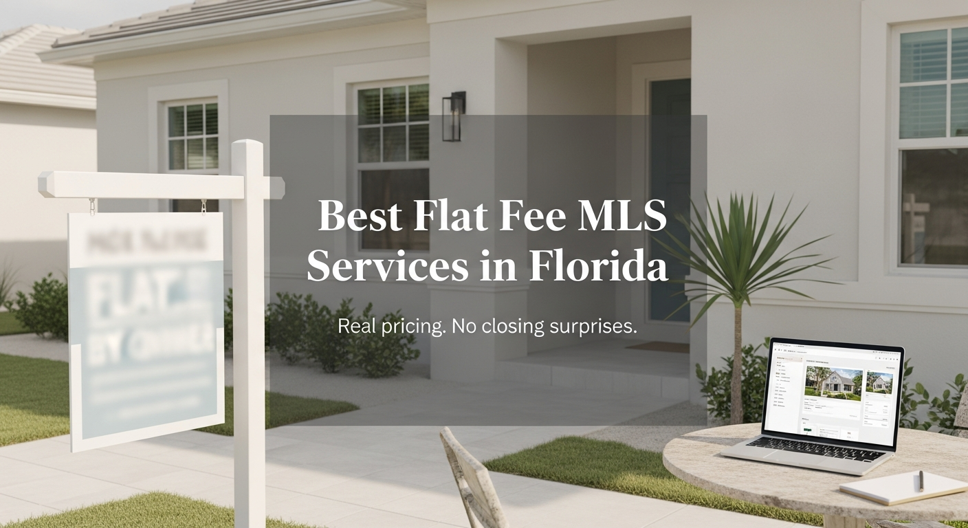 Florida home with a for sale sign and laptop showing a flat fee MLS listing