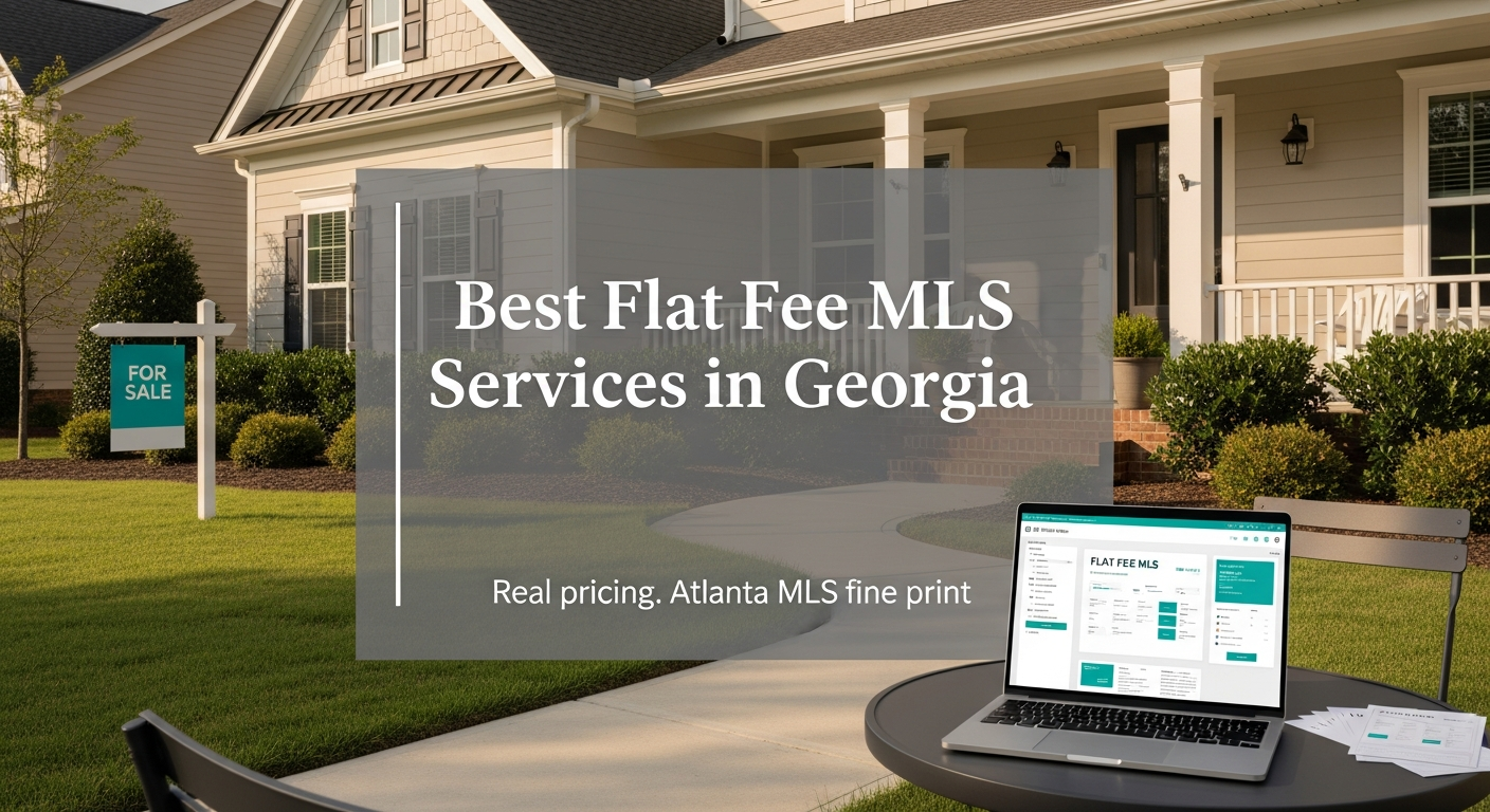 Georgia home with a for sale sign and laptop showing a flat fee MLS listing