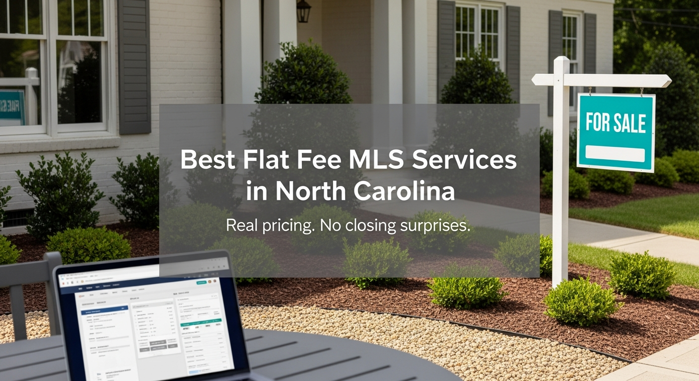 North Carolina home with a for sale sign and laptop showing a flat fee MLS listing