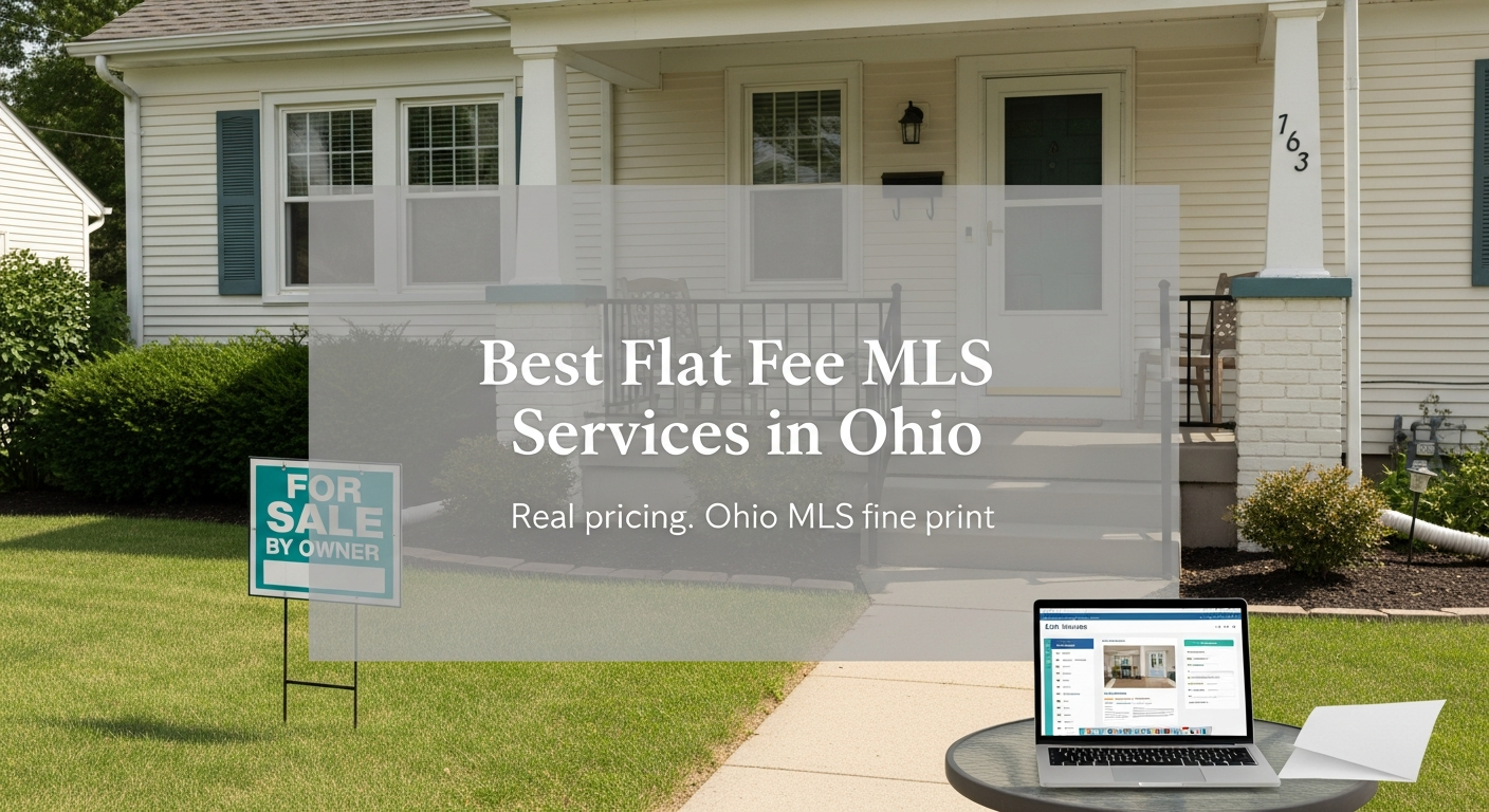 Ohio home with a for sale sign and laptop showing a flat fee MLS listing