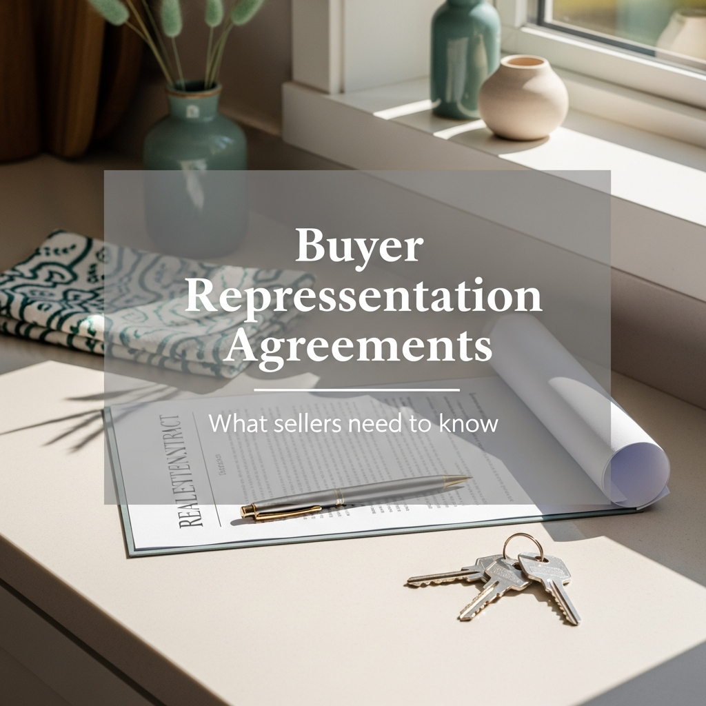 Real estate contract with a pen resting on a kitchen counter beside house keys