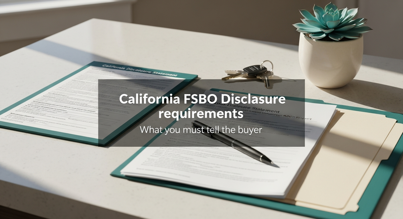 California seller disclosure packet with forms, house keys, and a pen on a bright kitchen counter