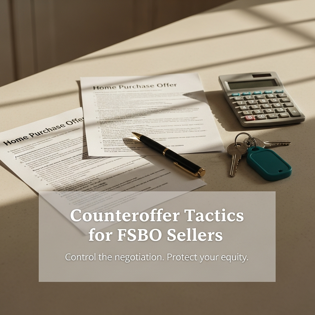 Two purchase offers on a kitchen table with a pen and a calculator between them