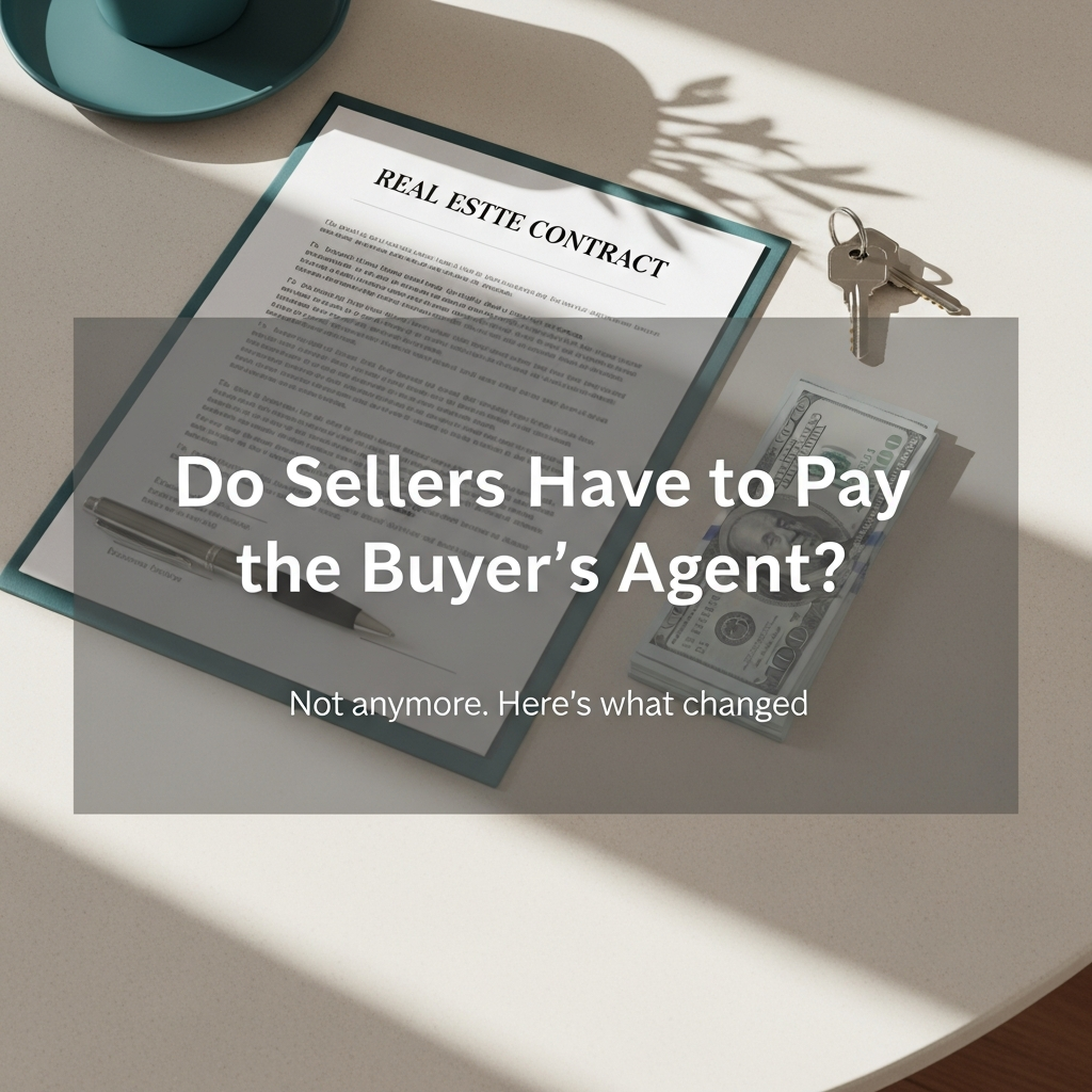 Real estate contract and house keys on a kitchen table with the headline Do Sellers Have to Pay the Buyer's Agent