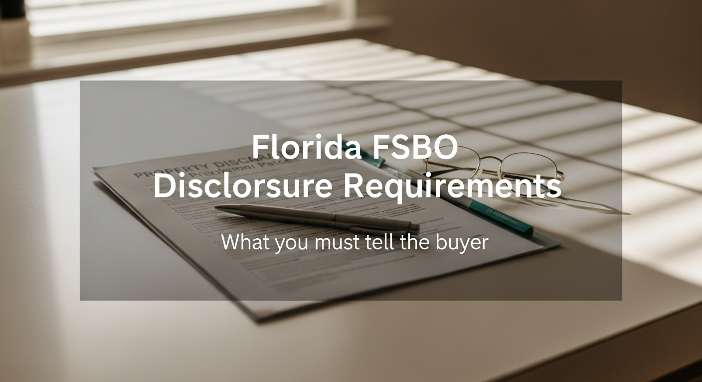 Florida property disclosure papers on a kitchen counter with a pen in warm daylight