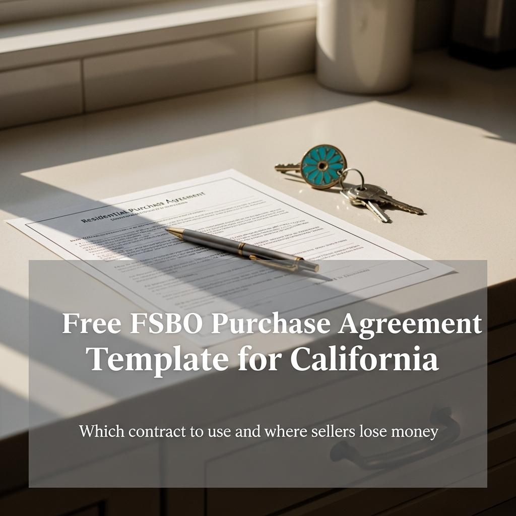 California residential purchase agreement form on a marble countertop with a pen and house keys
