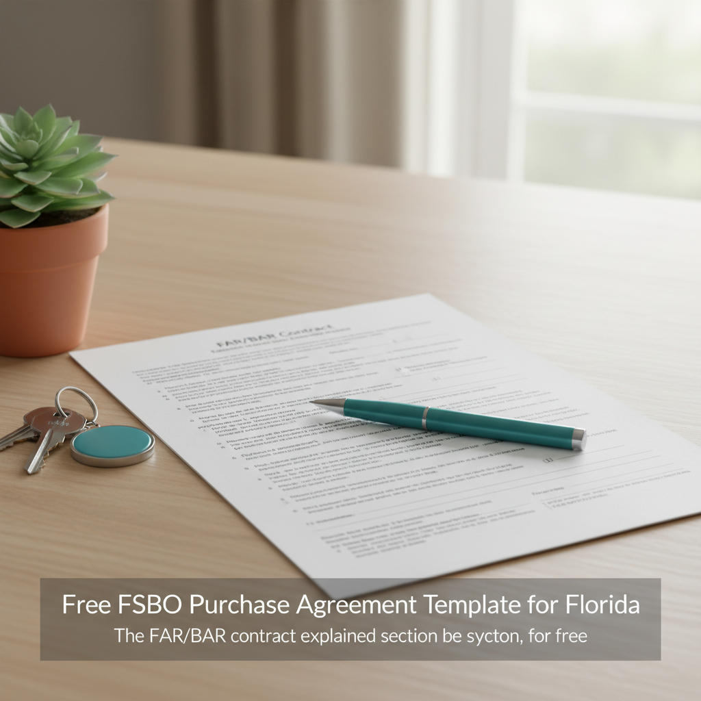 Florida residential purchase agreement form on a kitchen counter with a pen and house keys