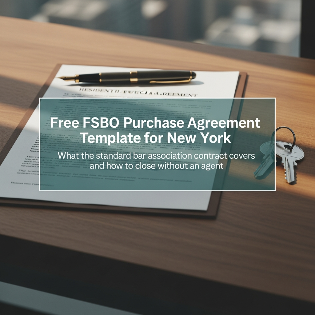 New York residential purchase agreement beside a pen and house keys on a wooden desk