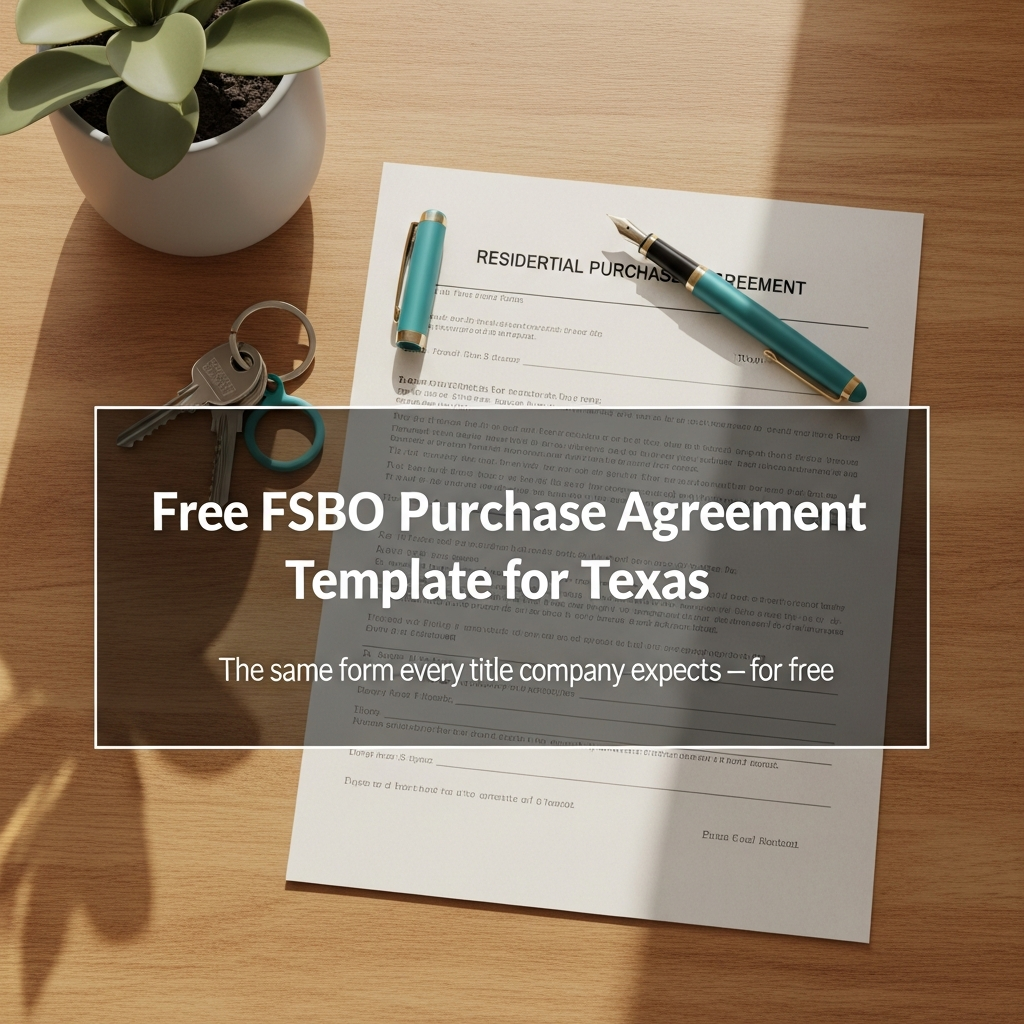 Texas residential purchase agreement form on a clean desk with a pen and house keys