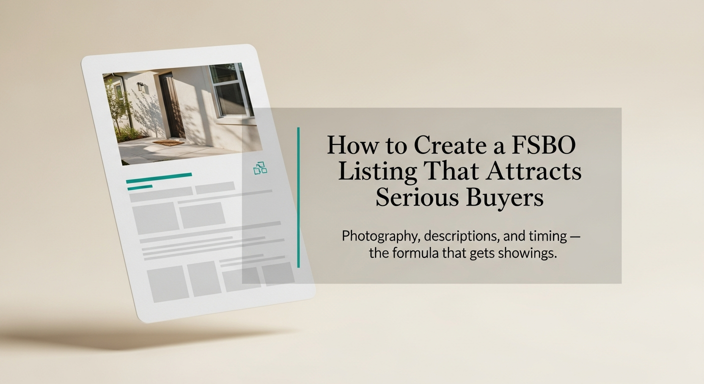 Stylized real estate listing card showing a home for sale by owner