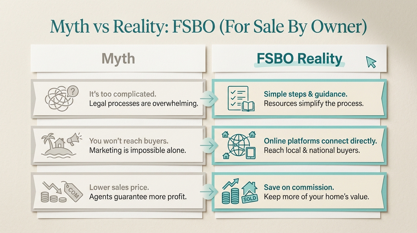 Comparison table of three FSBO myths vs reality: complexity, buyer reach, and sale price