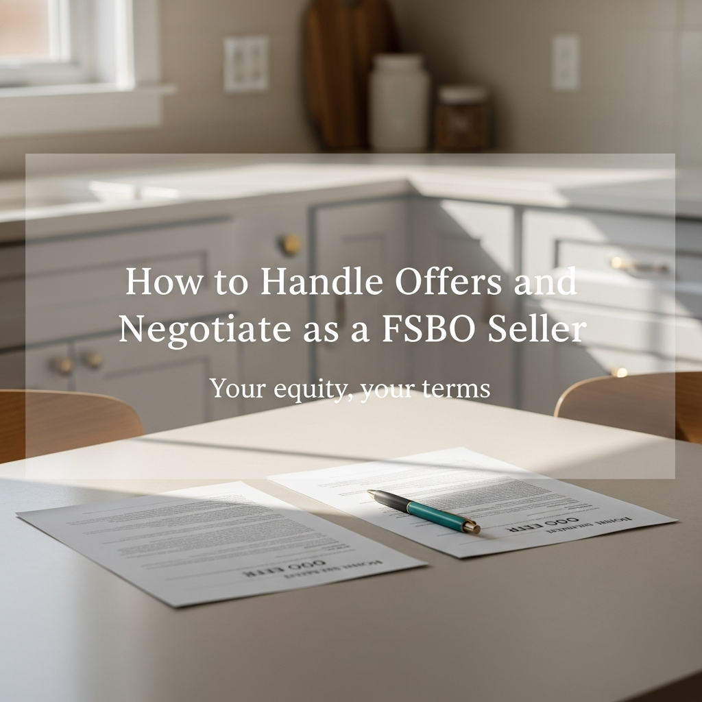 Kitchen table with two home purchase offers side by side and a pen between them