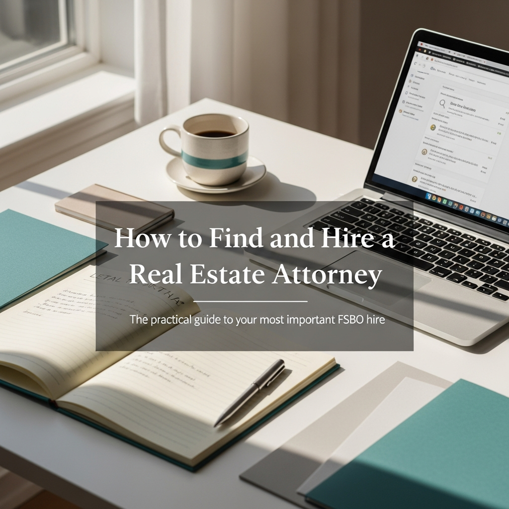 Notepad and laptop on a clean desk in warm daylight for researching real estate attorneys