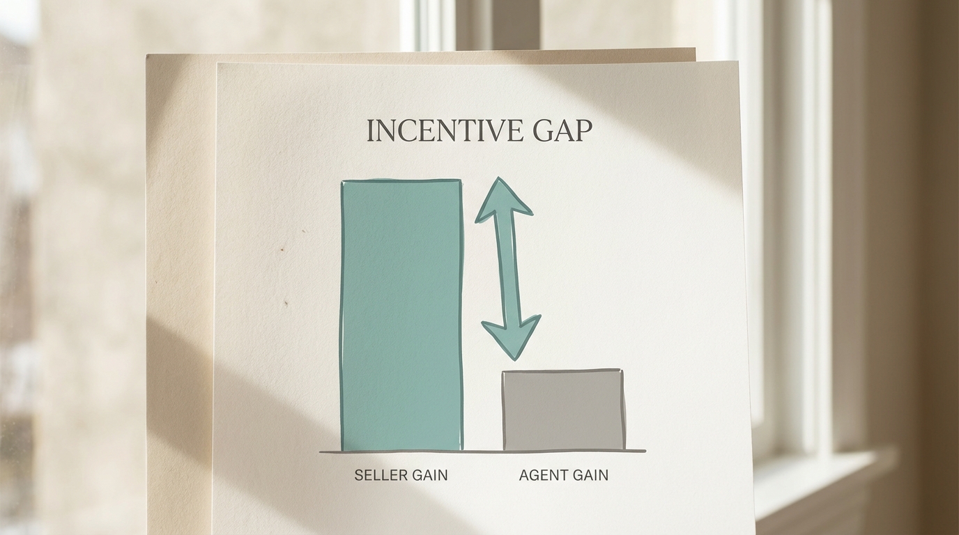 Bar chart comparing seller gain vs agent gain, showing the incentive gap in real estate commissions