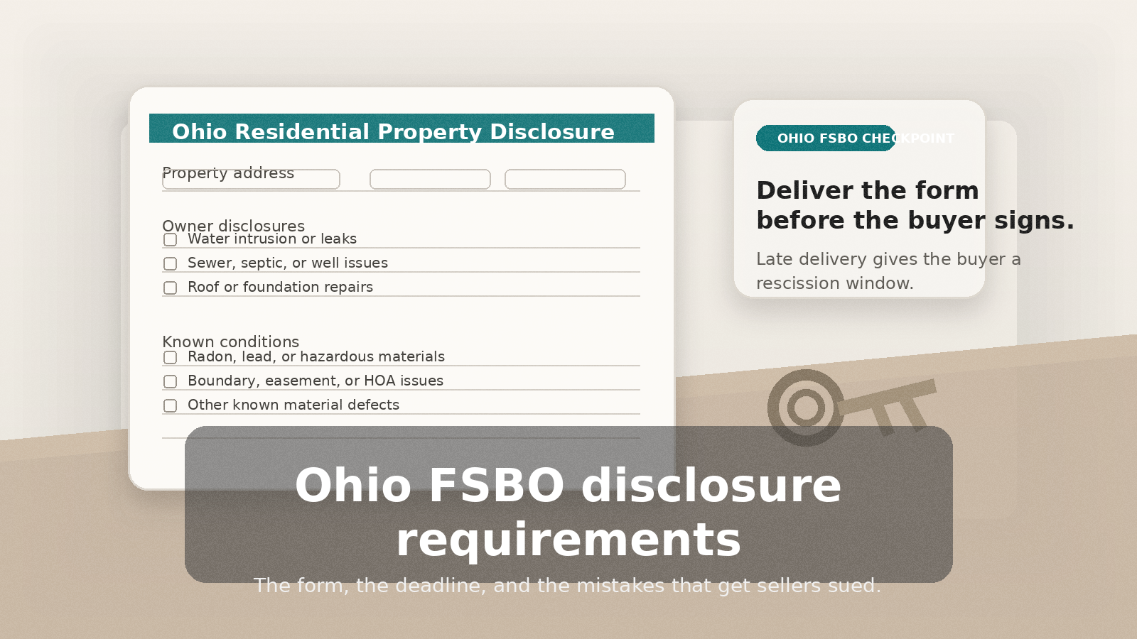 Ohio seller disclosure form with house keys and a pen on a warm wood table