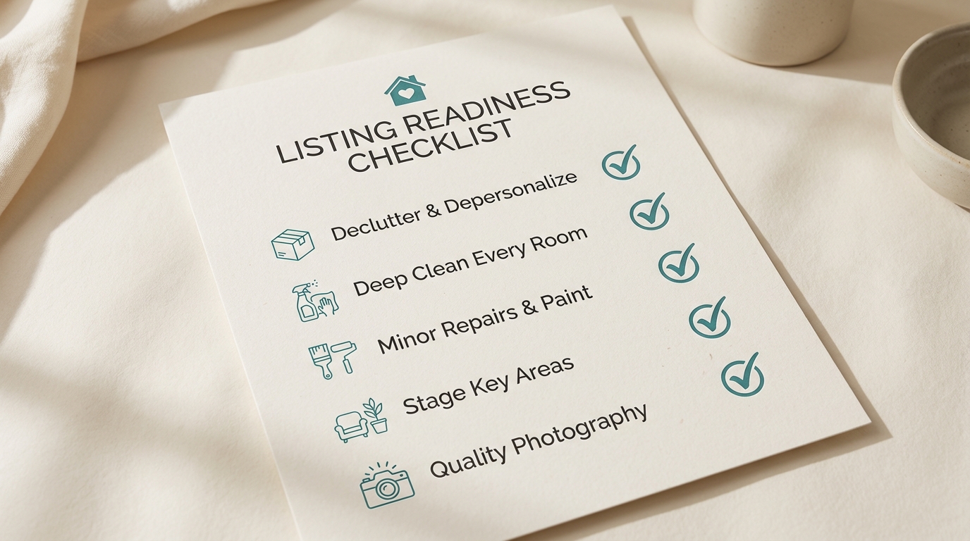 Listing readiness checklist: declutter, deep clean, minor repairs, stage key areas, quality photography