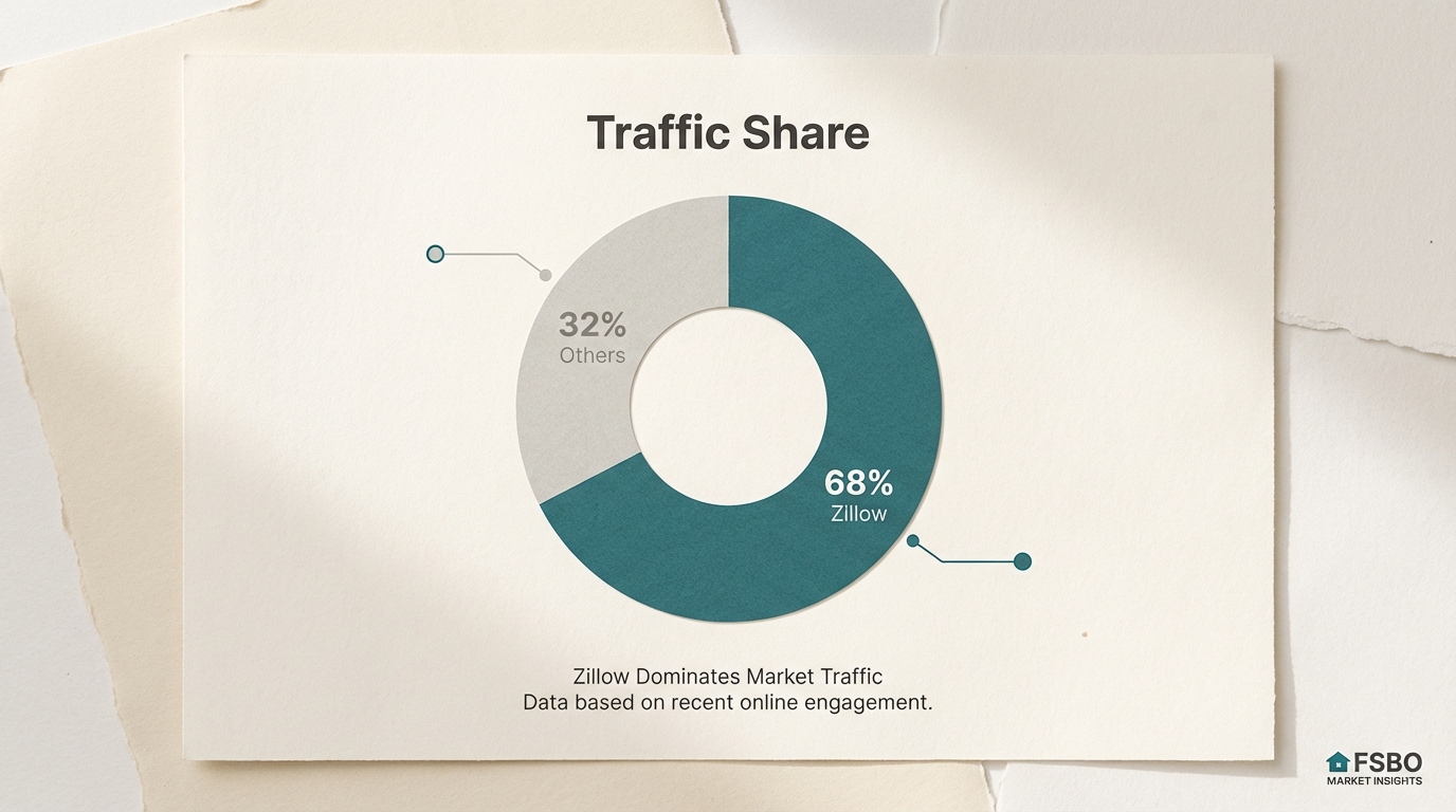Donut chart showing Zillow captures 68% of real estate site traffic vs 32% for all other sites