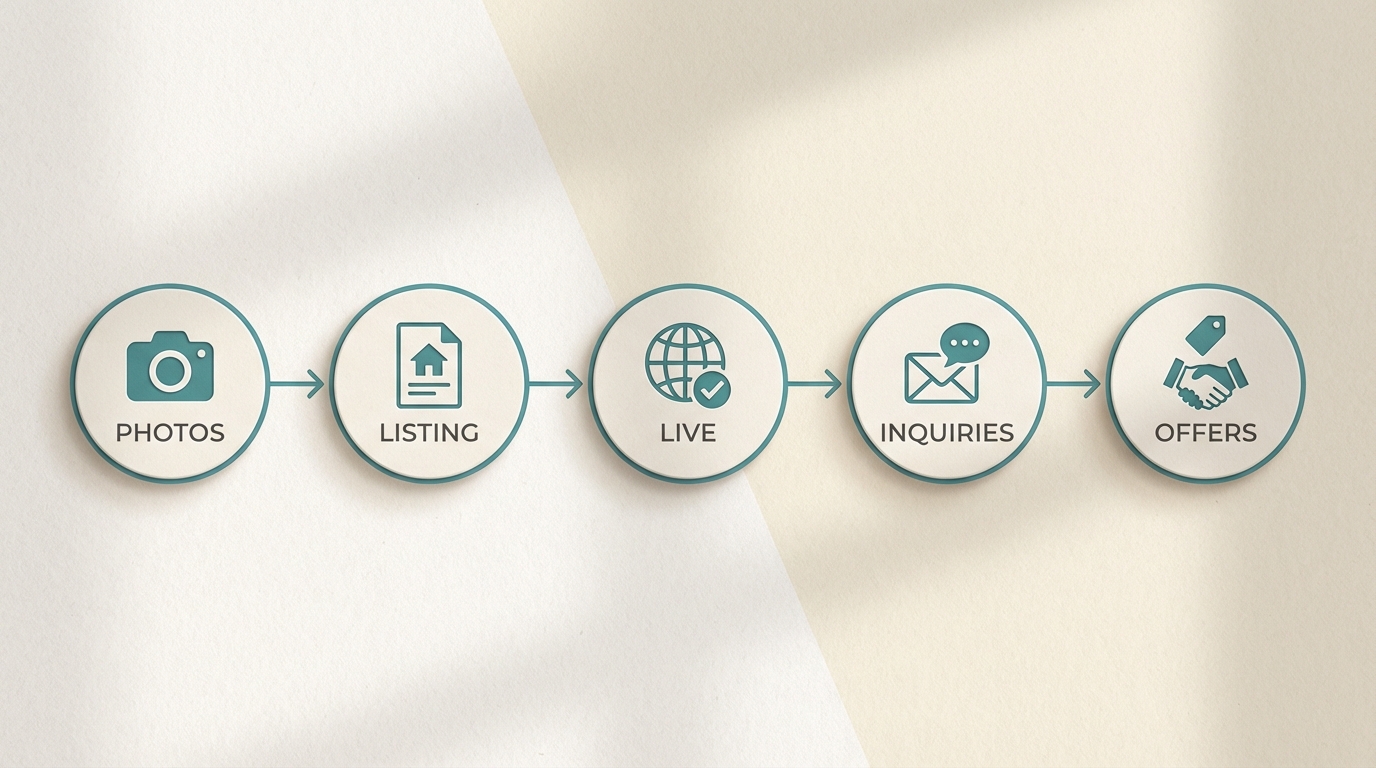 Five-step FSBO listing workflow: photos, listing, live, inquiries, offers