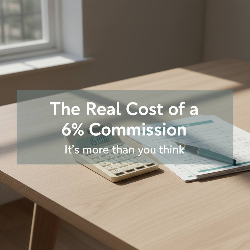 Kitchen table with a calculator, home sale paperwork, and a pen in warm daylight