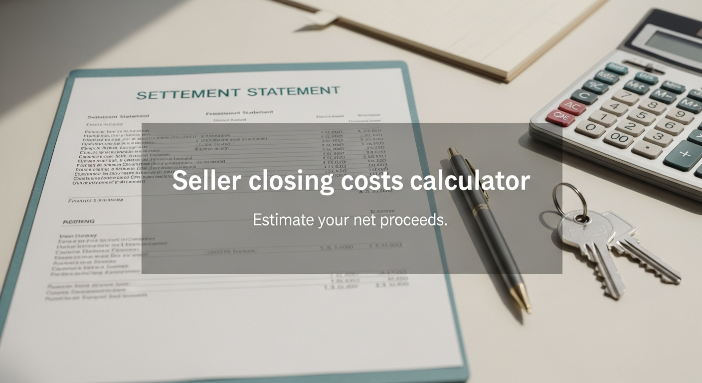 Closing statement, calculator, and house keys laid out for a seller closing costs estimate