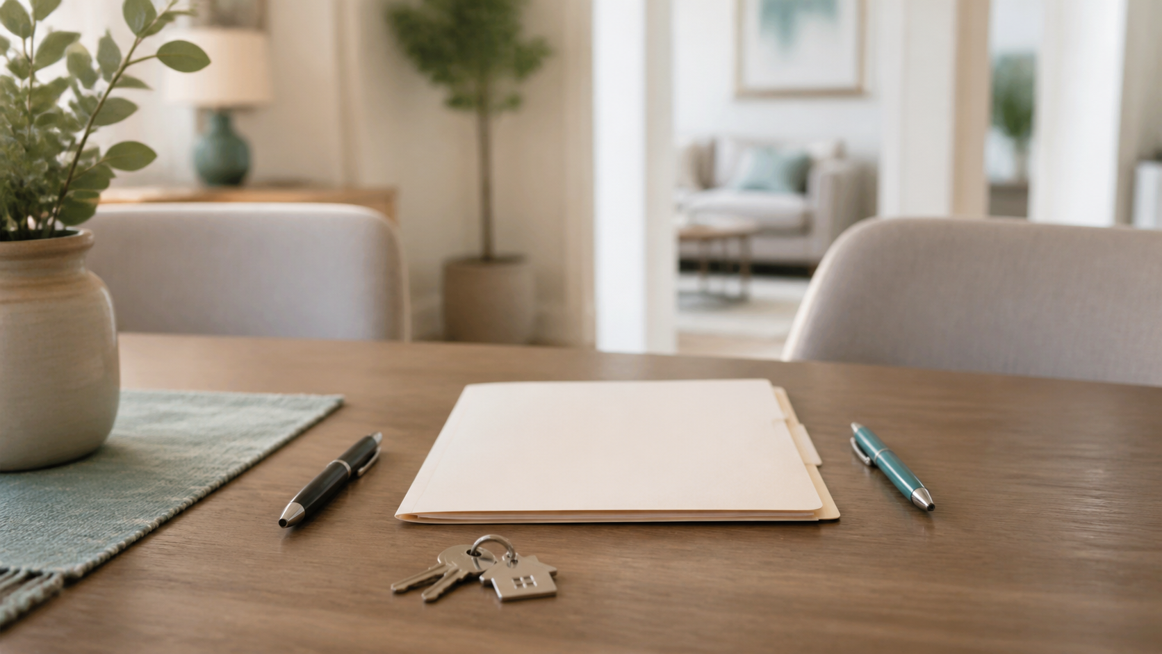 Illustration of house keys and a sale file arranged on a dining table