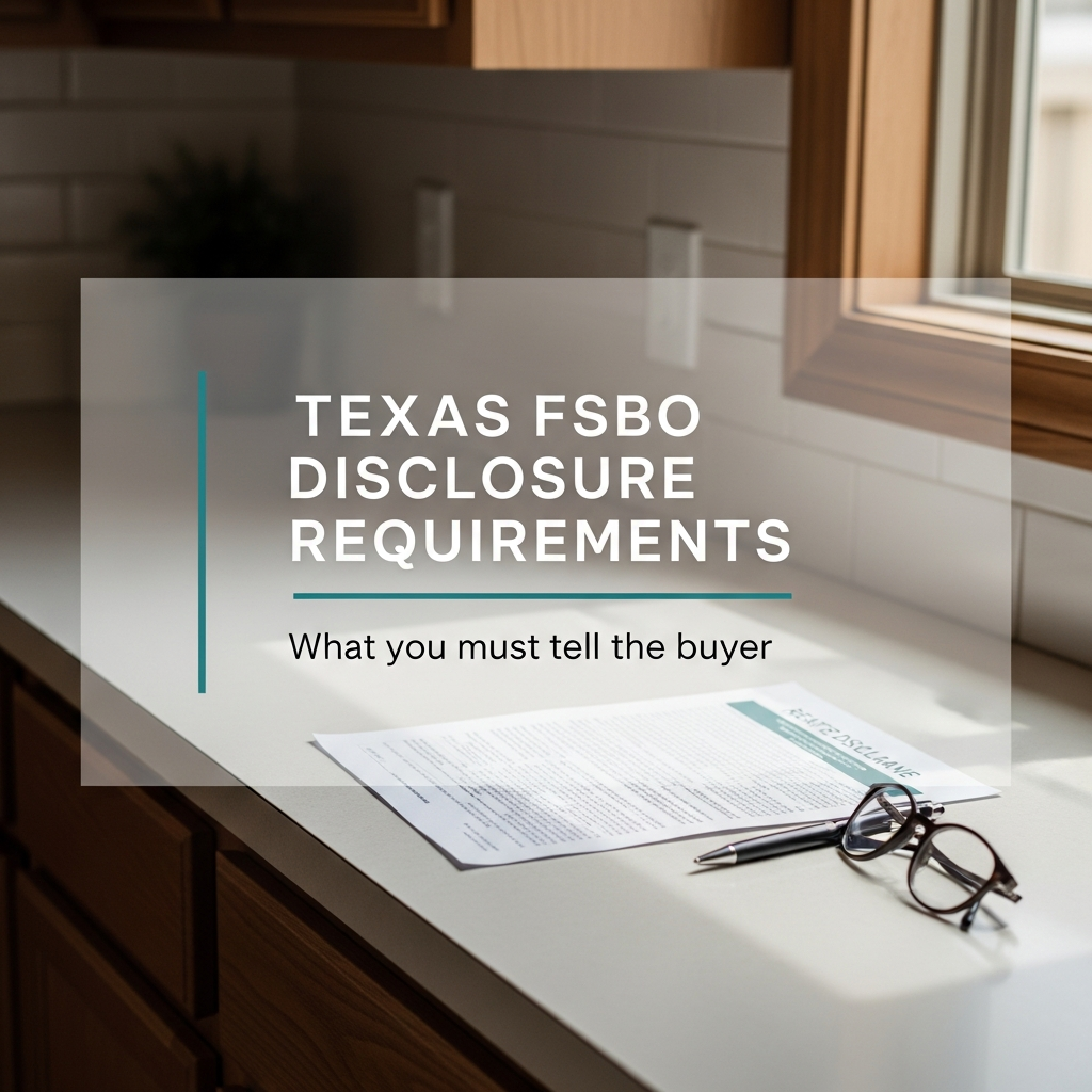 Texas seller's disclosure form on a kitchen counter with a pen and reading glasses in warm light