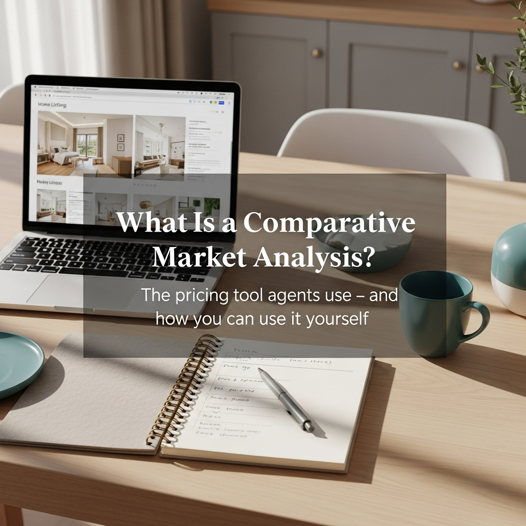 Laptop open to home listings beside a notepad with price comparisons on a kitchen table